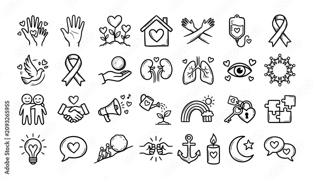 Fototapeta premium Hand Drawn Health and Wellness Icons Set with Hearts, Lungs, Shield, and Awareness Ribbons in Thin Black Lines