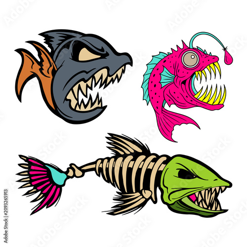 Cartoon sharks with fierce expressions attacking. Vector predator sea creatures showing sharp teeth and vibrant colors. Aggressive marine animals f...