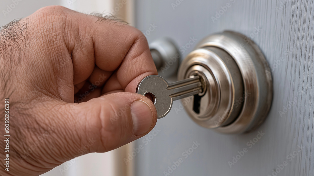 Fototapeta premium Hand turning deadbolt lock on entrance door with key securing home access and residential safety
