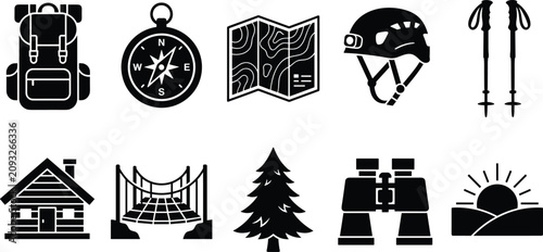 Obraz na płótnie Set of black vector icons for outdoor activities hiking camping adventure equipm