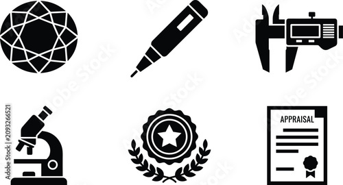 Fotografía Set of professional jewelry appraisal icons including diamond tester microscope