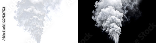 Vertical smoke plume burst rising upward with dense billowing folds forming a towering cloud for industrial visuals in PNG, Transparent and Black Background Versions for creative design use
