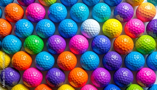 Top Down View Of Colorful Golf Balls Stacked Tightly Together Featuring Vibrant Multi Colored Dimpled Patterns