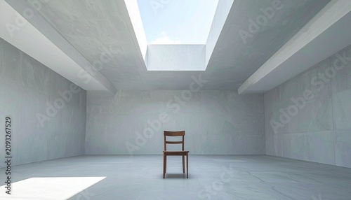 Single Wooden Chair Positioned In The Center Of A Large Empty Minimalist Room With Smooth Grey Concrete Walls And Sky Window