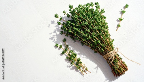 Top Down View Of Fresh Thyme Bunch Tied With Twine Cord Beside Scattered Sprigs On White Textured Background With Hard Shadow