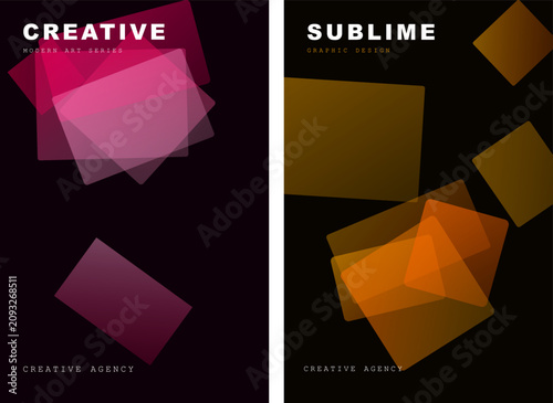 Abstract geometric poster set with translucent pink and orange squares, creative agency flyer templates, modern minimalist vector layouts
