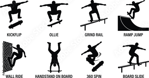 Принти на полотні Set of skateboarder silhouettes performing kickflip, ollie, grind, ramp jump, an