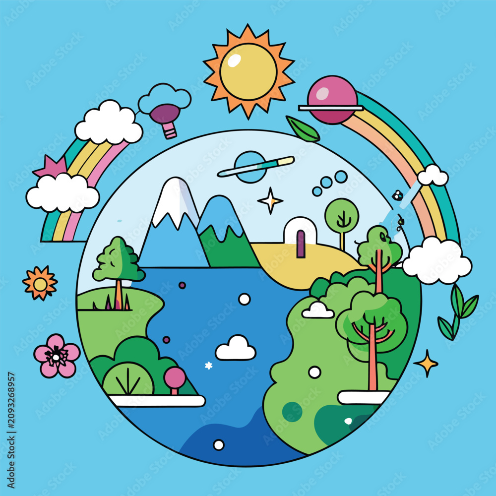 Naklejka premium Stylized Vector Illustration of a Vibrant Earth Planet with Mountains and Nature in a Flat Design