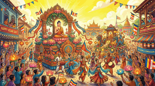 Bild auf Leinwand Vibrant Buddhist Festival Parade with Procession, Devotees Celebrating Vesak Day in Asian Town with Decorative Floats and Lanterns, Cultural Event