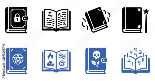 Bild auf Leinwand Set of magic book icons with spells and fantasy symbols in flat black and blue g