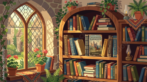 Foto Cozy Reading Nook with Sunlight Streaming Through Arched Window and Full Bookshe