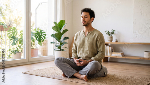 A serene young man sits cross-legged on a mat in a peaceful room with plants, eyes closed, practicing meditation or yoga in a calm and focused state.