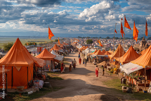 Devotional Sawan and Kanwar Yatra concept showcasing Hindu pilgrims carrying decorated Kanwar, walking with devotion during the holy month of Sawan. The scene represents faith, spirituality, Lord Shiv