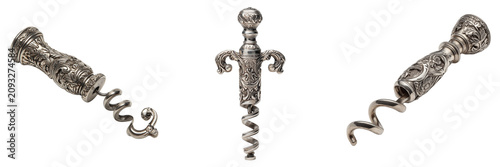 Set of Premium sterling silver roundlet style corkscrew displayed upright with elegant craftsmanship on transparent png background. Ai generated