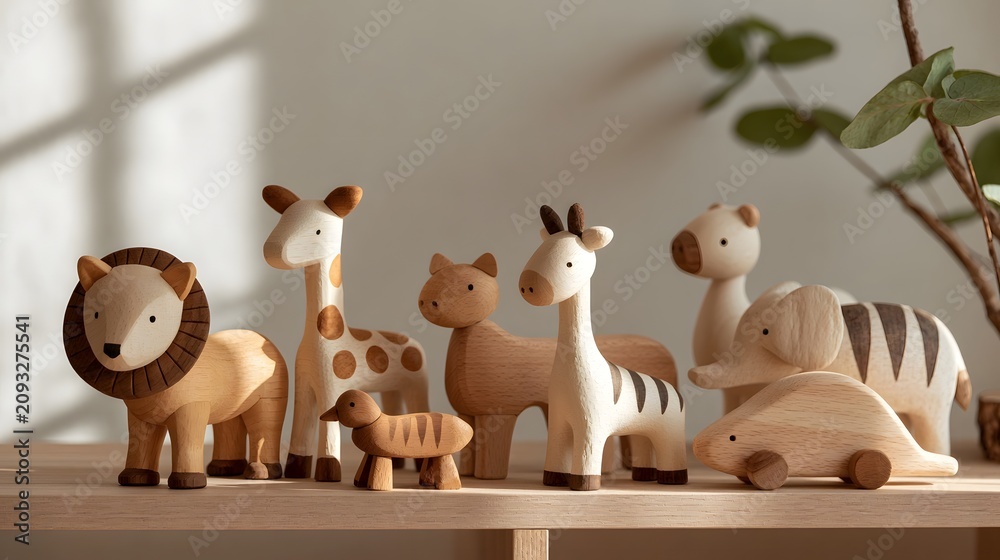 Obraz premium A collection of hand carved wooden animal figurines arranged on a light wood shelf under soft natural lighting