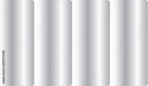 Set of four blank metallic silver cylindrical shapes or cans