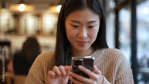 Young Asian woman using smartphone indoors.