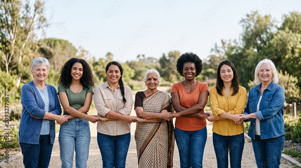 Fototapeta premium Diverse group of women of different ages and ethnicities holding hands in unity outdoors
