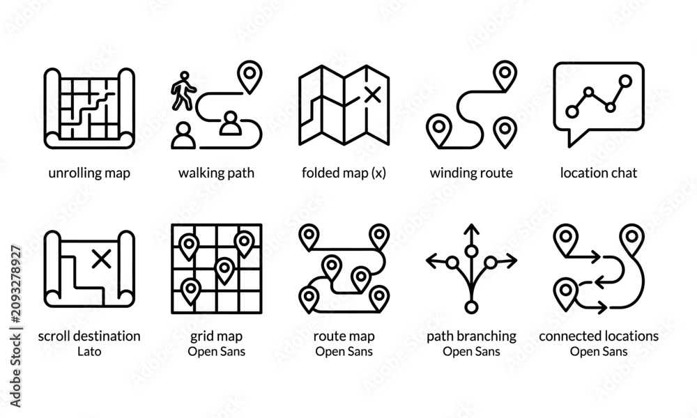 Fototapeta premium GPS navigation map location and travel routing line icon set vector. Great for delivery tracking mobile applications geography educational portals and outdoor adventure direction UI interfaces.