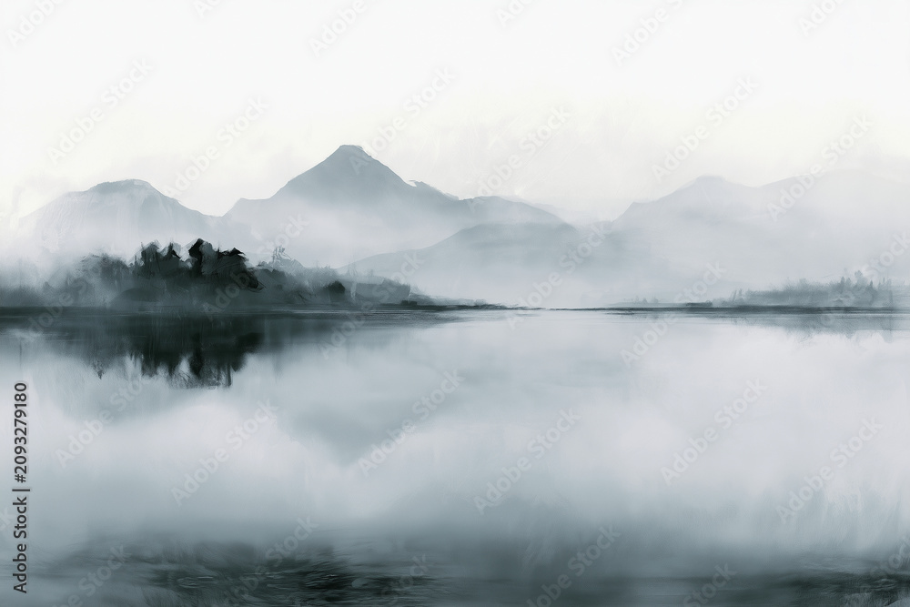 Obraz premium Minimalist Japanese ink painting of misty mountains and lake with water reflection