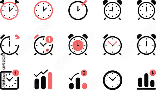 Modern clock and time management icons with red accent elements for digital planning management schedule deadline business interface collection productivity efficiency minimalist