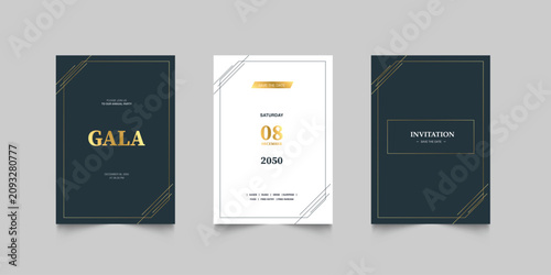 Luxury wedding invitation card background. Golden elegant gold frame on navy blue background. Premium design illustration for wedding and vip cover template, banner, poster.
