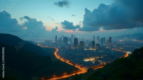 Smart green city illuminated by renewable energy during twilight, realistic 4K.