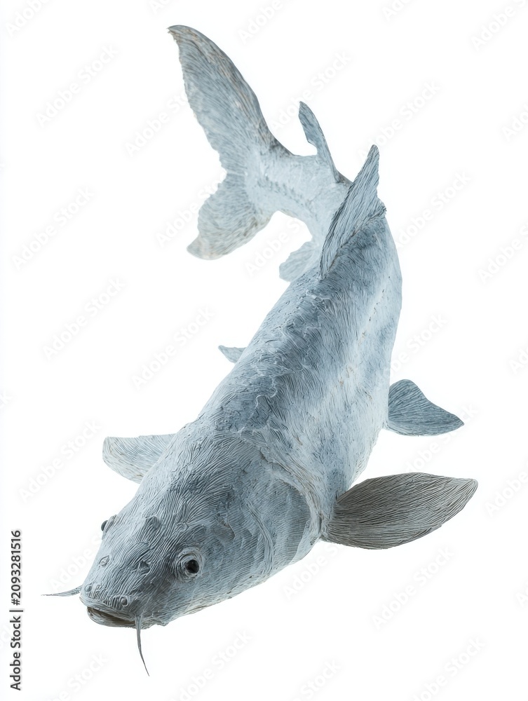 Fototapeta premium Full Body Sturgeon Fish Isolated On White Background Showing Detailed Grey Spotted Skin Textures