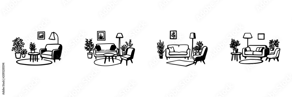 Fototapeta premium Living Room Furniture And Decor In Hand Drawn Style Set. Interior Design Doodle Sketch Collection. Home Decoration And Furnishing Ideas. Isolated Vector Illustration