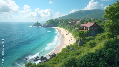 Climate-resilient coastal community protected by restored natural ecosystems, ultra HD 4K.