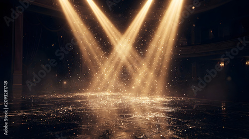 Golden Spotlight on Wet Stage: Two dramatic spotlights illuminate a wet stage floor, casting a shimmering glow as dust motes dance in the light beams, creating a magical and theatrical atmosphere.