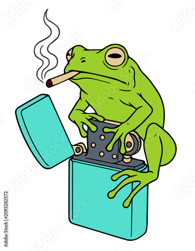 Cartoon frog smoking a cigarette with smoke. Green amphibian holding a lit tobacco stick and exhaling fumes. Playful mascot character with unhealth...