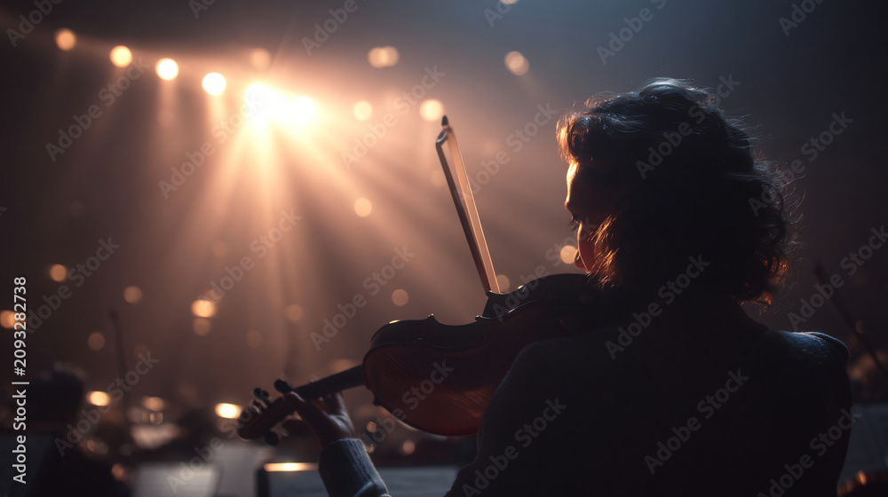 Fototapeta premium Maestro's Melody: A female violinist, bathed in dramatic stage lighting, pours her heart into a passionate solo performance with her orchestra in the background.