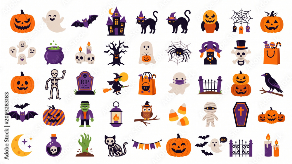 Fototapeta premium Front Elevation View Halloween Celebration Collection with Pumpkins Ghosts Bats Candles Haunted House Decorations and Festive Characters Vector