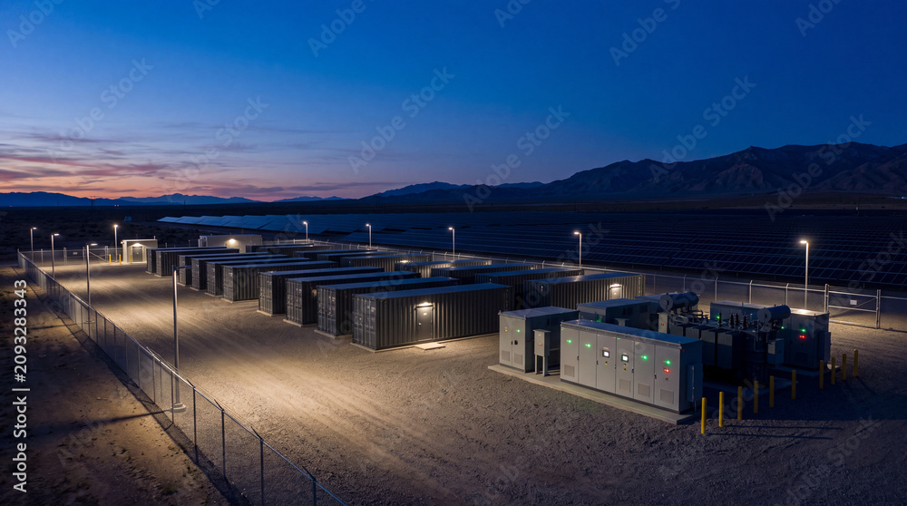 Obraz premium Battery energy storage system containers and electrical equipment installed at a large scale solar power plant at night