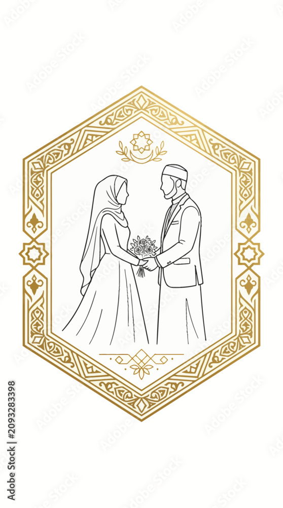 Fototapeta premium Islamic silhouette couple holding hands in wedding invitation cover design