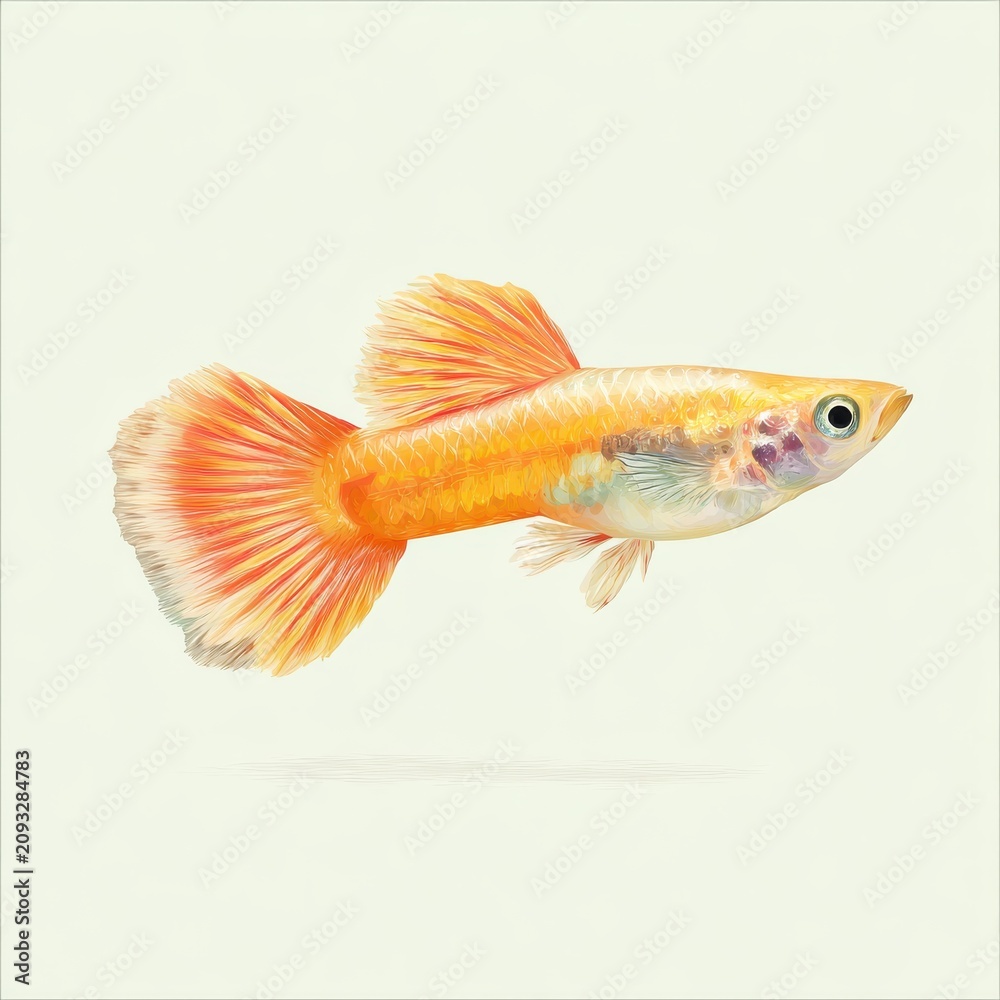 Fototapeta premium Small Bright Orange Guppy Fish Swimming Isolated On Plain Off White Background Studio Shot