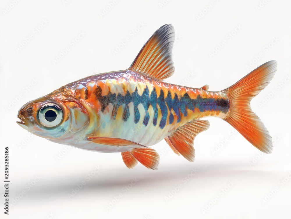 Fototapeta premium Small Orange And Blue Tropical Fish Isolated On White Background With Detailed Scale Texture