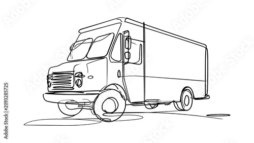 Line art delivery truck sketch white background.
