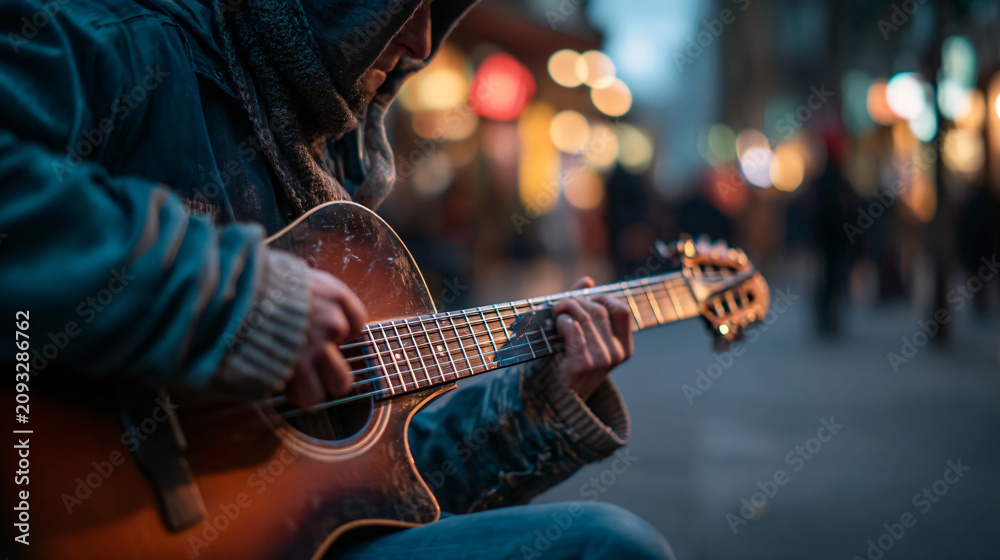 Obraz premium Street Musician's Melody: A soulful street musician plays an acoustic guitar, his fingers dancing across the frets, surrounded by the blurred bokeh of city lights, creating a poignant urban symphony.