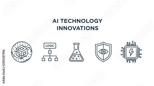 AI Technology Innovations Icon Set featuring minimalist black line icons for data, logic, science, security, and hardware. Ideal for tech presentations and web design.