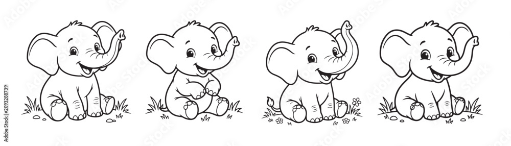 Fototapeta premium Cute baby elephant coloring page set, 4 cartoon elephant characters in different poses, black and white outline vector illustrations for kids
