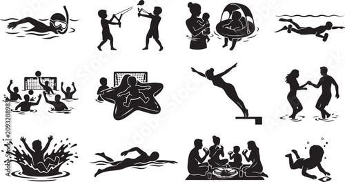 Konstfotografi Marine Life and Water Activities Silhouette Icon Set, Swimming, Starfish, Diving