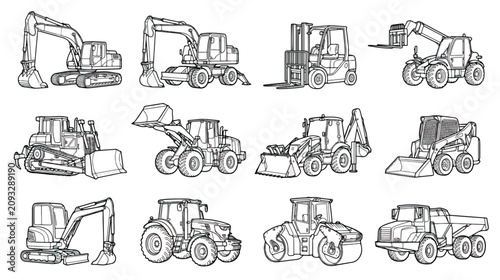 Quadro em tela Heavy construction machinery line art set, 12 industrial vehicle vector icons, h