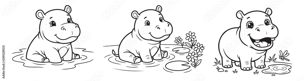 Fototapeta premium Cute baby hippo coloring page set, three cartoon hippopotamus character illustrations, black and white line art vector for kids activity books