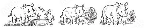 Cute rhinoceros coloring page set, cartoon rhino character in nature scenes, black and white outline vector illustrations for kids activity book