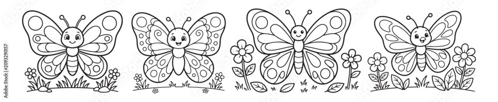 Obraz premium Cute butterfly coloring page set, cartoon insect line art for kids, 4 butterfly vector illustrations with flowers, educational activity sheet