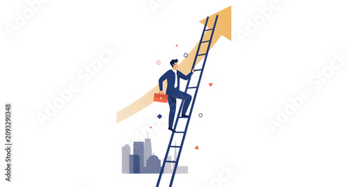 Obraz na płótnie Person climbing ladder towards upward yellow arrow with blocks growing smaller V