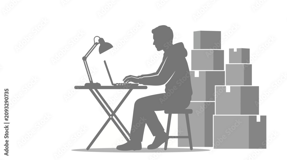 Fototapeta premium Gray, office worker, sitting, laptop, cardboard boxes, minimalist illustration, vector icon