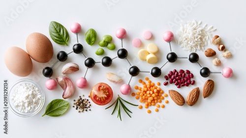 A molecular model illustration surrounded by various food ingredients, symbolizing the science of nutrition and healthy eating